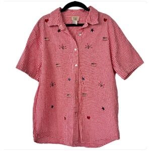 Vintage Teddi American Flag Star Shirt Women M Red Gingham Patriotic Cotton SS